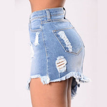 Load image into Gallery viewer, Black/Blue Wash Denim Ripped Tassel  Hips Mini Skirts High Waist - nevaehshalo
