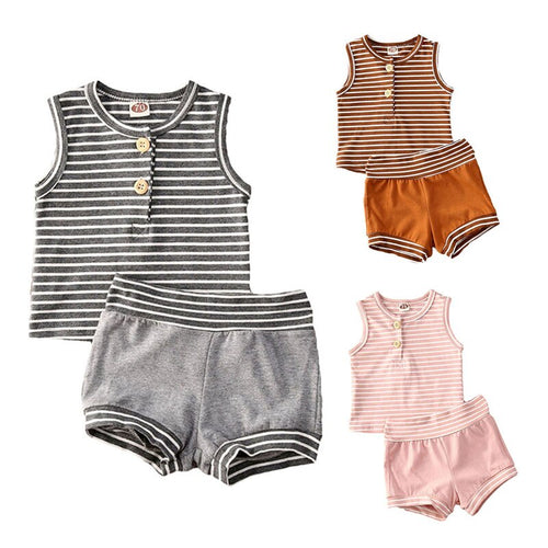 Girls and Boys Striped Sleeveless Button T-shirt+Shorts Sport - nevaehshalo