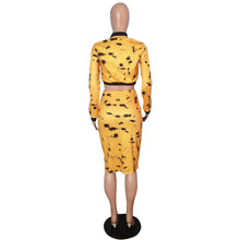 Load image into Gallery viewer, Two Piece Matching Set Black Yellow Print Clothes Long Sleeve Front Zipper Top+ Skirts - nevaehshalo
