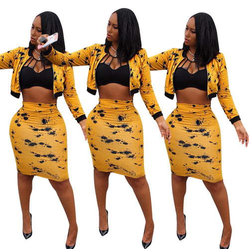 Two Piece Matching Set Black Yellow Print Clothes Long Sleeve Front Zipper Top+ Skirts - nevaehshalo