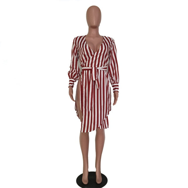 Women  Striped Shirt Dress With Sashes Side High Slit