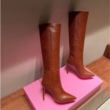 Load image into Gallery viewer, Candy Color Sexy Crocodile Leather Knee-Length High Boots Pointed Toe
