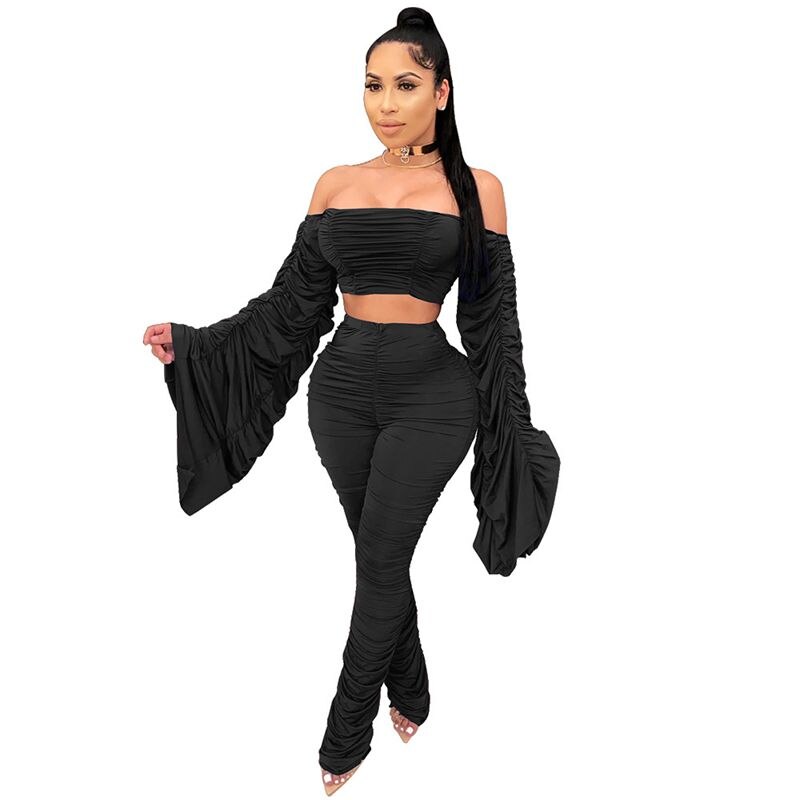 Spring Summer Two Piece Set Women Solid One Shoulder Shirring 2 Piece Sets Pant Suits Club Outfits Streetwear Wholesale Items - nevaehshalo