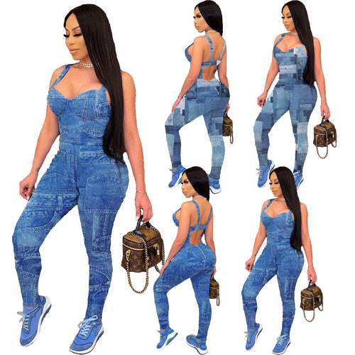 Spring And Summer  Women's Clothing Fashion Suspenders Imitation Denim Printed Jumpsuit - nevaehshalo
