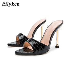 Load image into Gallery viewer, Eilyken Summer New Women Slippers Snake Print Mule High Heels Shoes Sandals Sexy Pointed Toe Metal Heel Slides Party Dress Shoes - nevaehshalo
