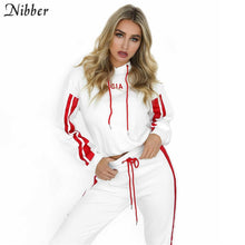 Load image into Gallery viewer, 2 piece set women White Red Casual Sweat Pants Hooded Sweatshirt
