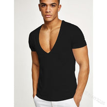 Load image into Gallery viewer, Wepbel Deep V Short Sleeve T-shirt Men&#39;s Sports Large V-neck Slim Tight T-shirt Solid Color Plus Size Tops Summer Men Tops - nevaehshalo
