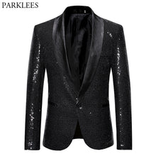 Load image into Gallery viewer, Black Sequin One Button Shawl Collar Suit Jacket Men Bling Glitter Nightclub Prom DJ Blazer Jacket Men Stage Clothes for Singers - nevaehshalo
