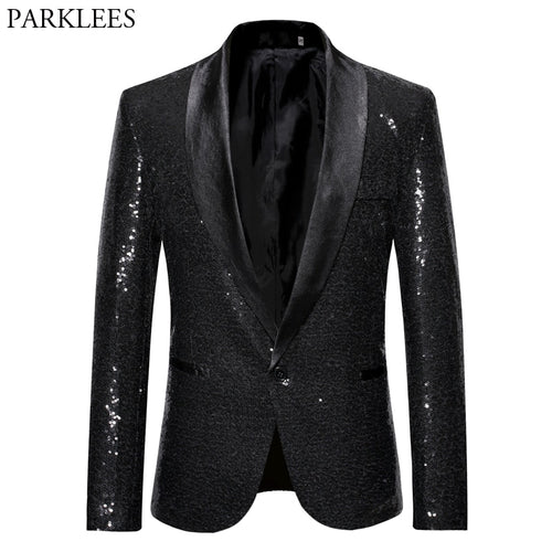 Black Sequin One Button Shawl Collar Suit Jacket Men Bling Glitter Nightclub Prom DJ Blazer Jacket Men Stage Clothes for Singers - nevaehshalo