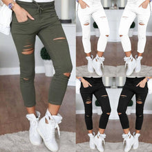 Load image into Gallery viewer, Skinny Jeans Women Denim Pants Holes Destroyed Knee Pencil Pants Casual Trousers Black White Stretch Ripped Jeans - nevaehshalo
