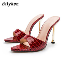 Load image into Gallery viewer, Eilyken Summer New Women Slippers Snake Print Mule High Heels Shoes Sandals Sexy Pointed Toe Metal Heel Slides Party Dress Shoes - nevaehshalo
