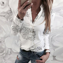 Load image into Gallery viewer, Women V Neck Letters Printing White Button Long Sleeve Shirt
