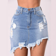 Load image into Gallery viewer, Black/Blue Wash Denim Ripped Tassel  Hips Mini Skirts High Waist - nevaehshalo
