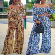 Load image into Gallery viewer, Sexy One-Shoulder Long-Sleeved Crop Top Printed Wide-Leg Pants Suit Two-Piece - nevaehshalo
