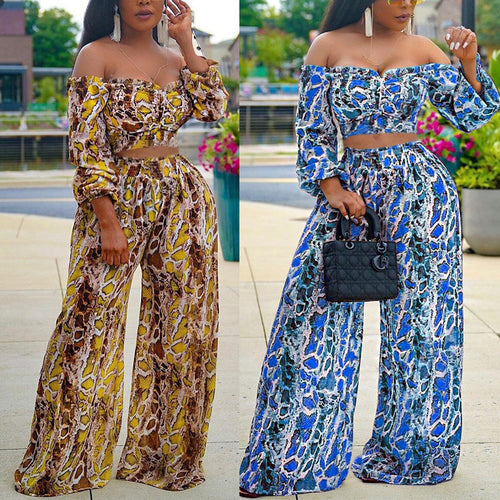 Sexy One-Shoulder Long-Sleeved Crop Top Printed Wide-Leg Pants Suit Two-Piece - nevaehshalo