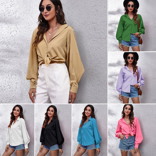 Large Lantern Sleeve Shirt Women Solid Color Lapel Long Sleeved Shirt New Chiffon Shirt - nevaehshalo