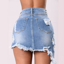 Load image into Gallery viewer, Black/Blue Wash Denim Ripped Tassel  Hips Mini Skirts High Waist - nevaehshalo
