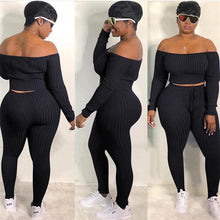 Load image into Gallery viewer, Two Piece Set Autumn Outfits Tracksuit Women Blue Ribbed Striped Slash Neck Short Tops Pencil  Pants - nevaehshalo
