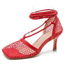 Load image into Gallery viewer, New Sexy Red Mesh Pumps Sandals Female Square Toe High Heel Lace Up Cross-tied Stiletto Hollow Dress Shoes  Mujer Bombas - nevaehshalo
