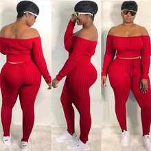 Load image into Gallery viewer, Two Piece Set Autumn Outfits Tracksuit Women Blue Ribbed Striped Slash Neck Short Tops Pencil  Pants - nevaehshalo
