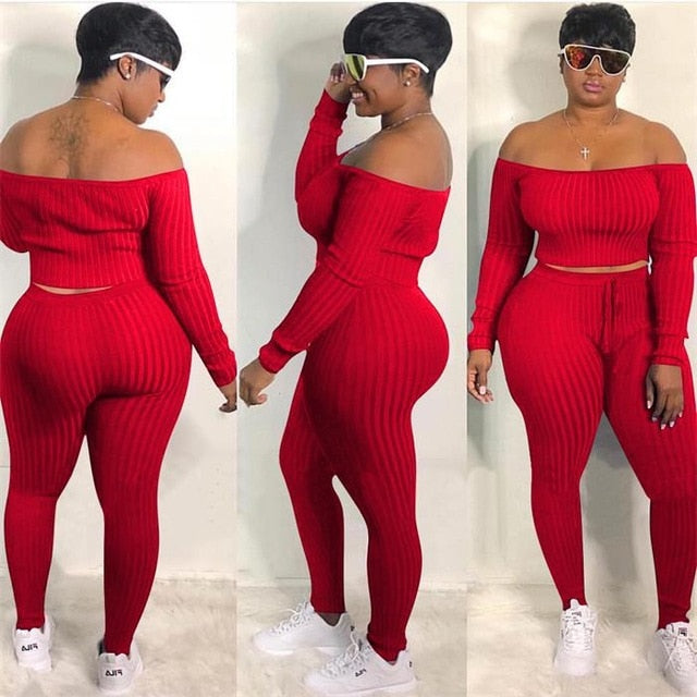 Two Piece Set Autumn Outfits Tracksuit Women Blue Ribbed Striped Slash Neck Short Tops Pencil  Pants - nevaehshalo