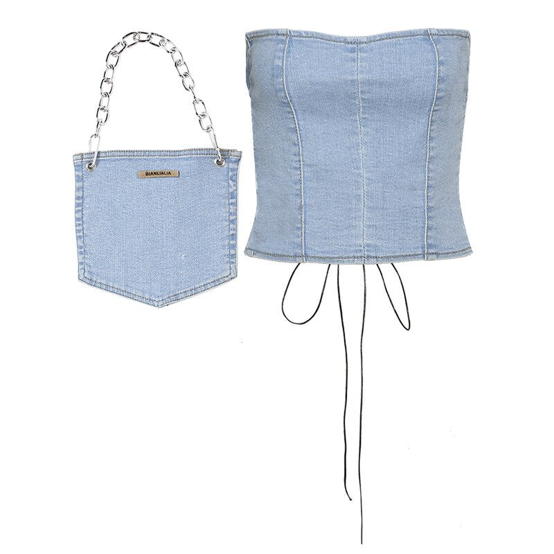 Stylish Patchwork Strappy Denim Tube Top Corset + Bag