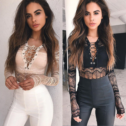 Women Bodysuit Lace Jumpsuit Long Sleeve Bandage Leotard Top Women Clothes Sexy - nevaehshalo