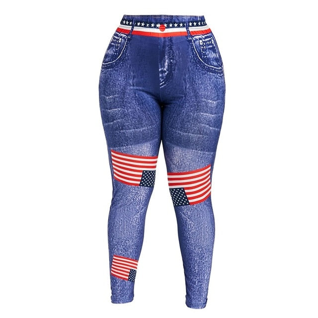 Women High Waist long Pants Plus Size 3D Jean Print American Flag Leggings Casual Pant Legging Athletic - nevaehshalo