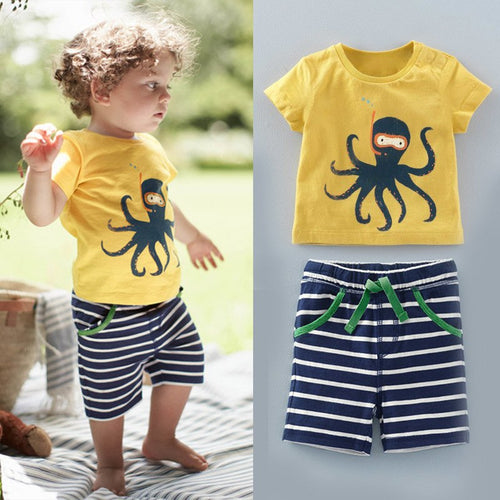 Boy Octopus Printed T-shirt + Striped Pants 2 Sets - nevaehshalo