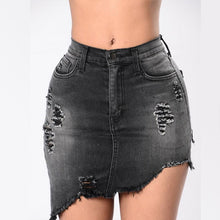 Load image into Gallery viewer, Black/Blue Wash Denim Ripped Tassel  Hips Mini Skirts High Waist - nevaehshalo
