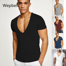 Load image into Gallery viewer, Wepbel Deep V Short Sleeve T-shirt Men&#39;s Sports Large V-neck Slim Tight T-shirt Solid Color Plus Size Tops Summer Men Tops - nevaehshalo
