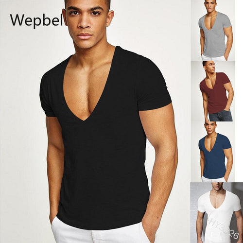 Wepbel Deep V Short Sleeve T-shirt Men's Sports Large V-neck Slim Tight T-shirt Solid Color Plus Size Tops Summer Men Tops - nevaehshalo