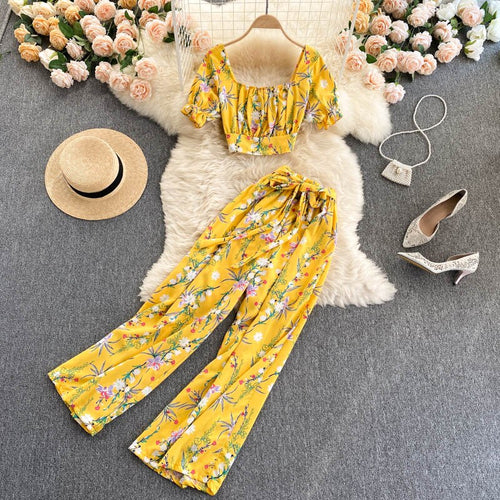 Summer Women Style Chiffon Printing Sweet Two Piece Set Short Shirt High Waist Wide Leg Pants - nevaehshalo