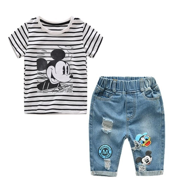 Boys and Girls Summer Cartoon Striped T Shirt + Denim Shorts - nevaehshalo