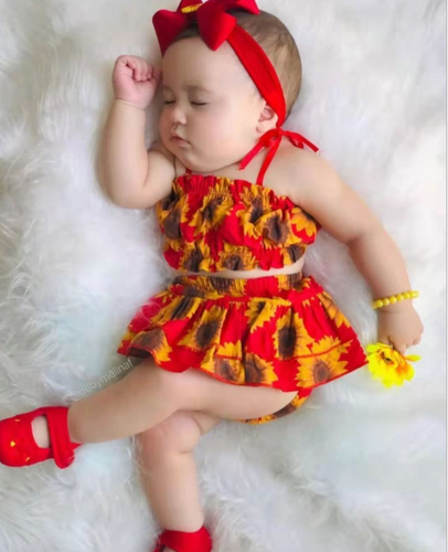 Children's clothing summer new product baby girl sling sunflower top + skirt shorts three-piece suit - nevaehshalo