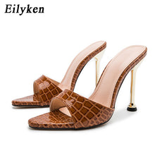 Load image into Gallery viewer, Eilyken Summer New Women Slippers Snake Print Mule High Heels Shoes Sandals Sexy Pointed Toe Metal Heel Slides Party Dress Shoes - nevaehshalo
