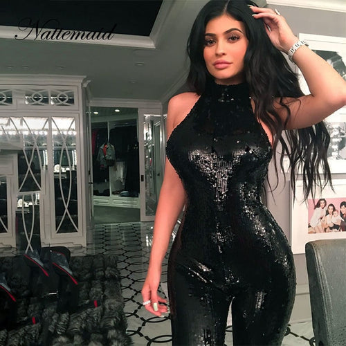 Rompers Womens Jumpsuit Sexy Halter Off Shoulder Black Sequin Jumpsuit - nevaehshalo