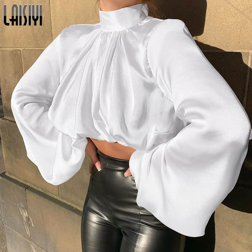 Long Sleeve Women Turtleneck Silk  Cropped Blouses - nevaehshalo