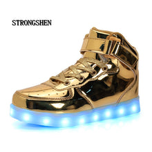 Load image into Gallery viewer, Led Children Shoes USB Charging Basket Shoes With Light Up Kids Casual Boys&amp;Girls Luminous Sneakers Gold silver - nevaehshalo
