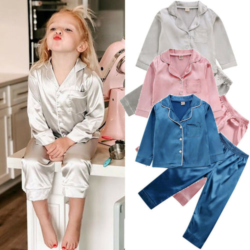 Childrens Kids Pyjamas Silk Satin Tops Pant Autumn Winter Long Sleeve Sleepwear Nightwear Girl Boy Pajama Sets - nevaehshalo