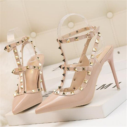 New 10CM woman Sexy nightclub stiletto heels patent-leather metallic rivet hollow Roman fashion sandals - nevaehshalo