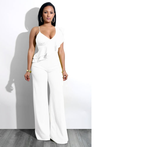 One Shoulder Ruffles Jumpsuits For Women Fashion V Neck Long Wide Leg Pants - nevaehshalo