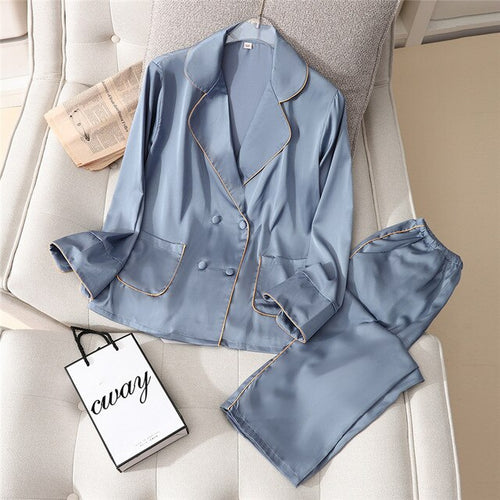 2 Pieces Faux Silk Satin Pajamas Set Autumn Women Sleepwear - nevaehshalo