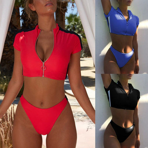 Summer Sexy Women Two-Piece Swimsuit  Short Sleeve Zip Up Bikini Sets - nevaehshalo