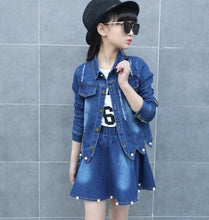 Load image into Gallery viewer, Children Clothing Set Boutique Outfits Long Sleeve Denim Jacket Beaded Denim Skirt Two Piece Teenage Girls Clothes 10 12 Years - nevaehshalo
