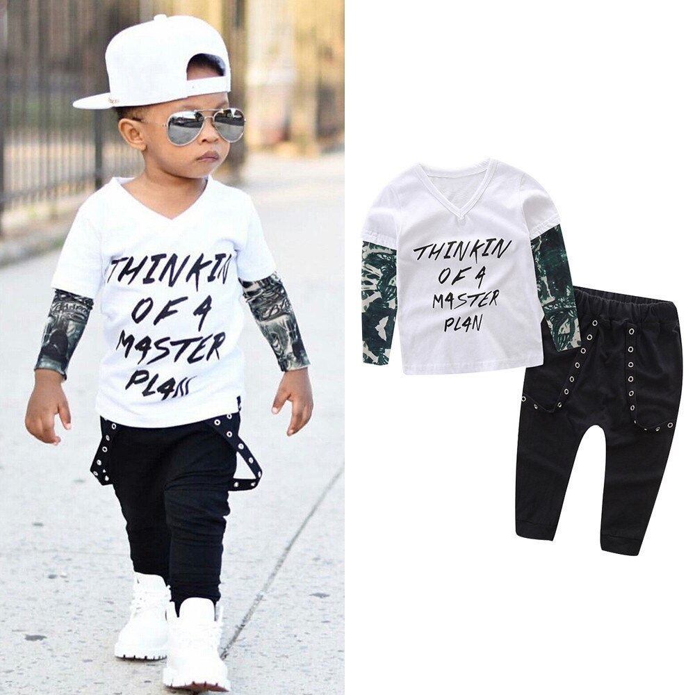 Boy Letter Tattoo T shirt Pants Outfits Clothes Set - nevaehshalo