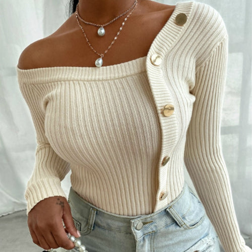 Women Fashion Elegant Knitted Tops Long Sleeve Off Shoulder Sexy Casual Slim Buttons Top Solid Sweaters - nevaehshalo