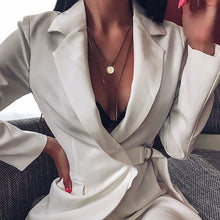 Load image into Gallery viewer, White Long Blazer Women Metal Buckle Deep V Neck
