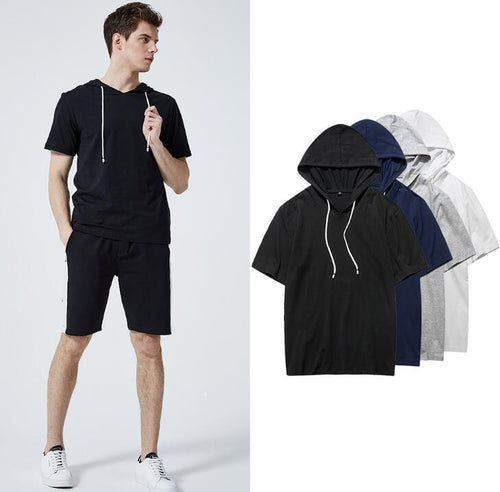 Men Set Sporting Suit Short Sleeve Hooded T shirt+Shorts Two Piece cotton tshirt Fitness Tracksuit Men - nevaehshalo