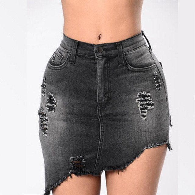 Black/Blue Wash Denim Ripped Tassel  Hips Mini Skirts High Waist - nevaehshalo